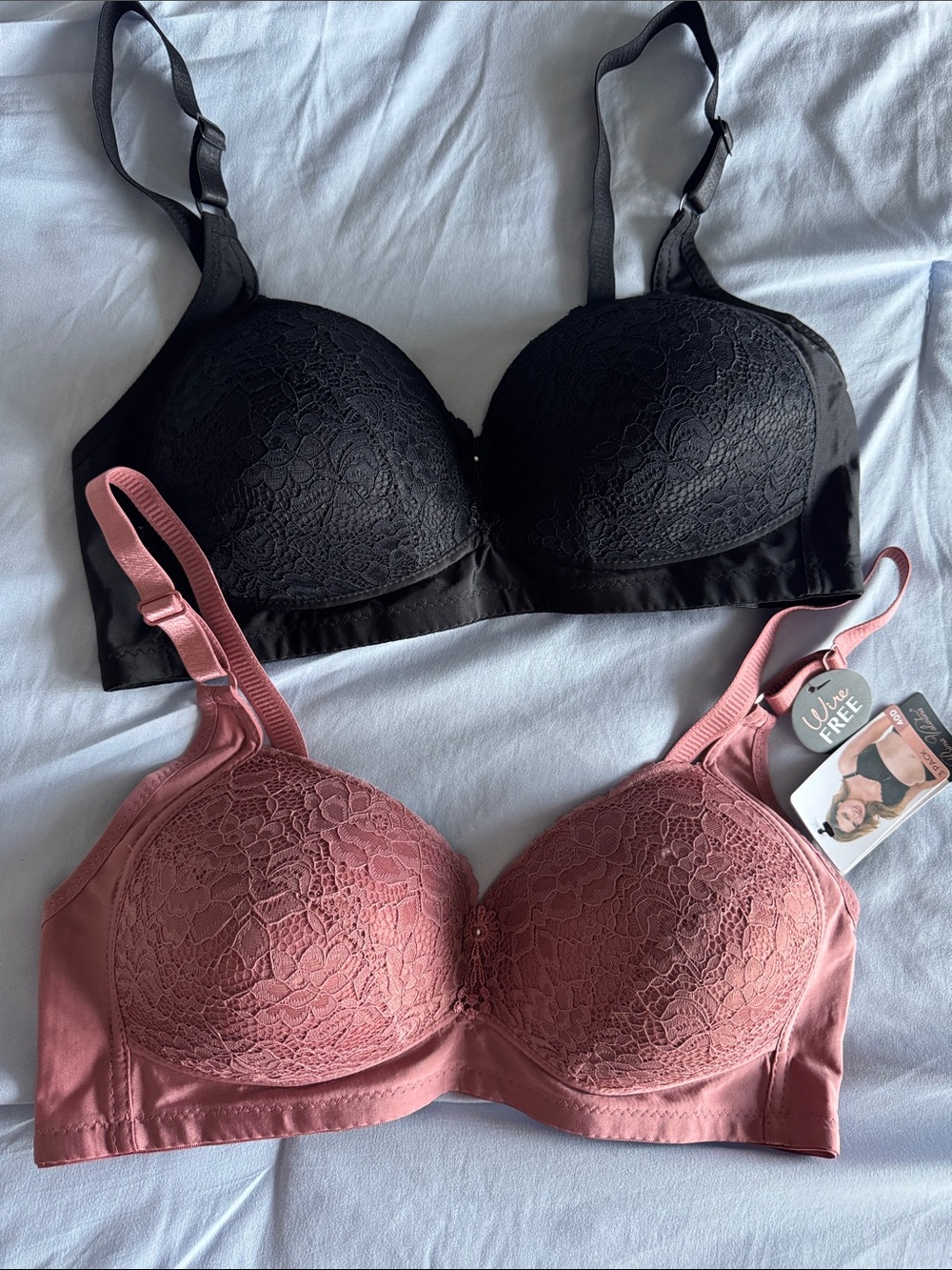 Lace-Overlay Wireless T-Shirt Bra — Black & Dusty Rose